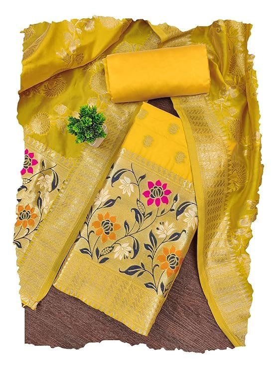 Fancy Unstitched Stylish Elegant 3-Piece Banarasi Silk Cotton Floral Paithani Salwar Suit for Women | Embroidered Dress Material & Matching Dupatta in Multi Colors-image-8