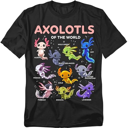 Popfunk Axolotls of The World T Shirt – Cute Amphibian Animal Lover Tee for Men or Women, Unisex Adult
