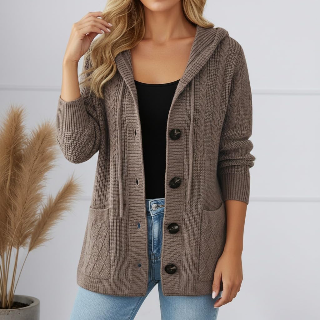 Gilet À Capuche Oversize en Maille Torsadée pour Femme Manches Longues Fermeture Boutonnée Pull en Grosse Maille Veste De Mi Saison pour L'Automne et l'hiver Tenue Décontractée
