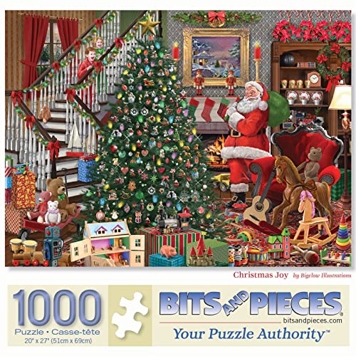Bits and Pieces – Rompecabezas de Navidad de 1000 piezas para adultos – Christmas Joy por Bigelow Illustrations – Rompecabezas de Santa con piezas únicas y corte aleatorio, 20" x 27" – Hecho de materiales reciclados miniatura 1