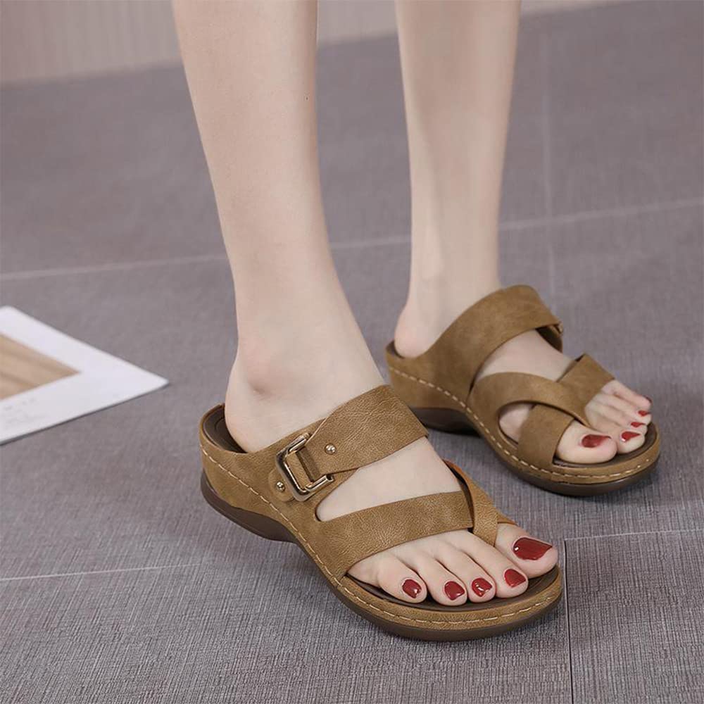 Sandalias Plataforma Punta Abierta para Mujer Sandalias corrección de juanetes Piel sintética Chanclas Verano Dedo Gordo del pie Corrección de la Sandalia,Caqui,36