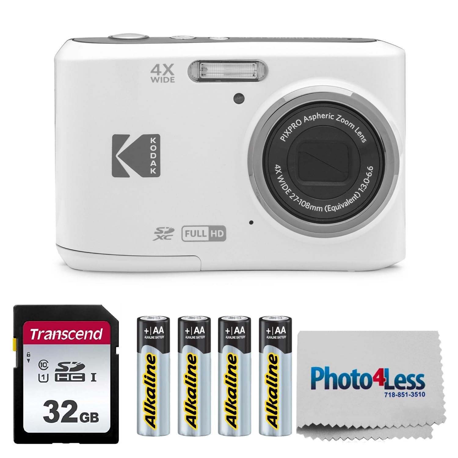 KODAKPIXPRO FZ45 16MP Digital Camera with 4X Optical Zoom 27mm Wide Angle and 2.7" LCD Screen Bundle with 32GB SD Memory Card, AA Batteries (4 Pack), Lens Cleaning Cloth (White)