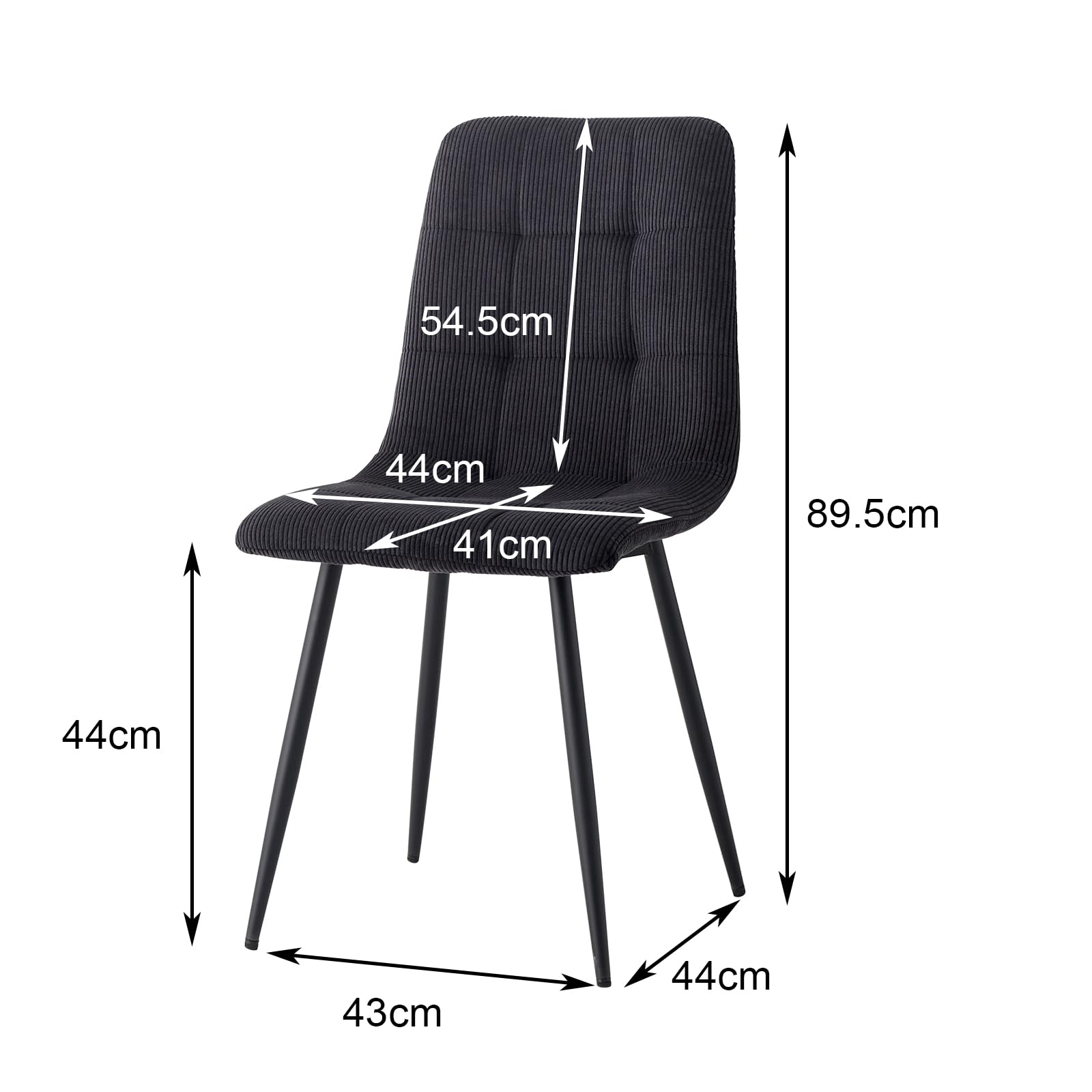 Set di 6 Sedie da Pranzo Nordiche, Sedie da Cucina in Velluto a Coste, Gambe in Metallo Nero, Seduta e Schienale in Spugna ad Alta Densità, Adatte per Soggiorno, Cucina - Nero
