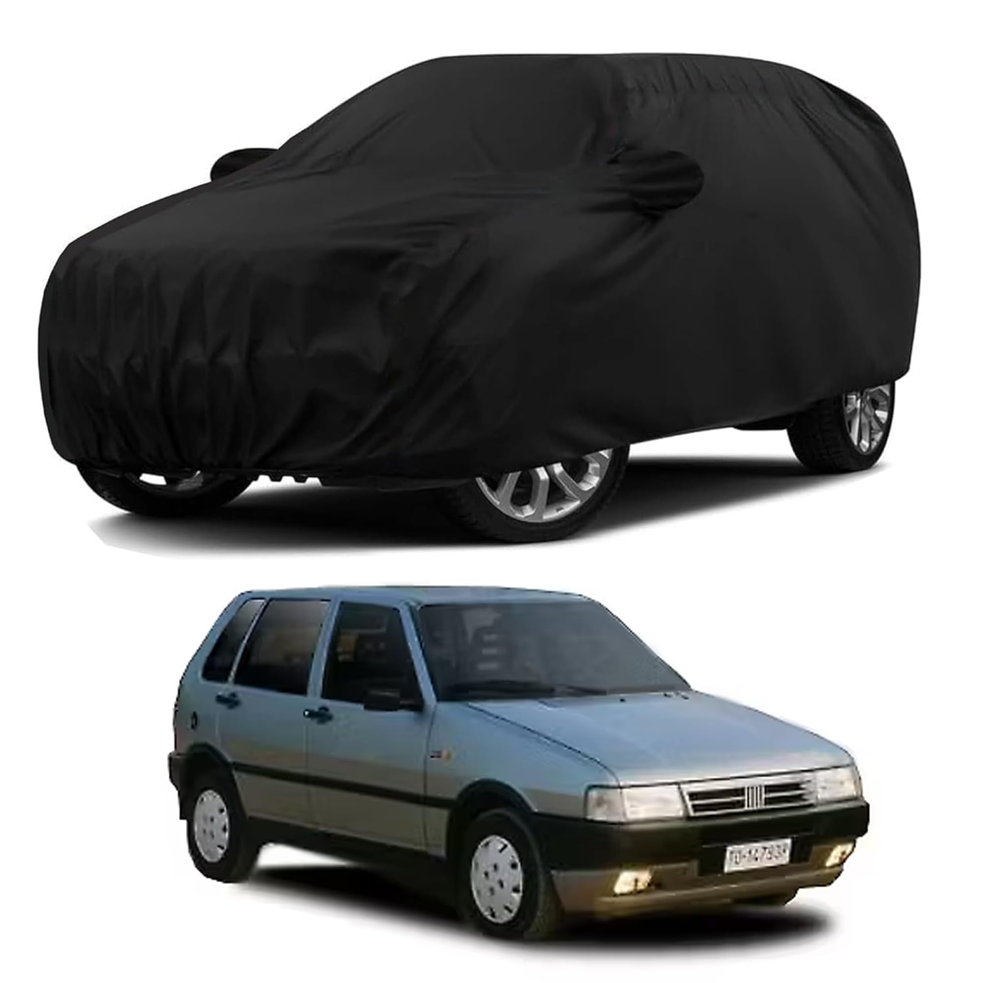 Sulfar 100% Water Resistant Car Body Cover Compatible with Mirror & Antenna Pockets for Fiat Uno (Triple Stitched, Full Bottom Elastic, Black)