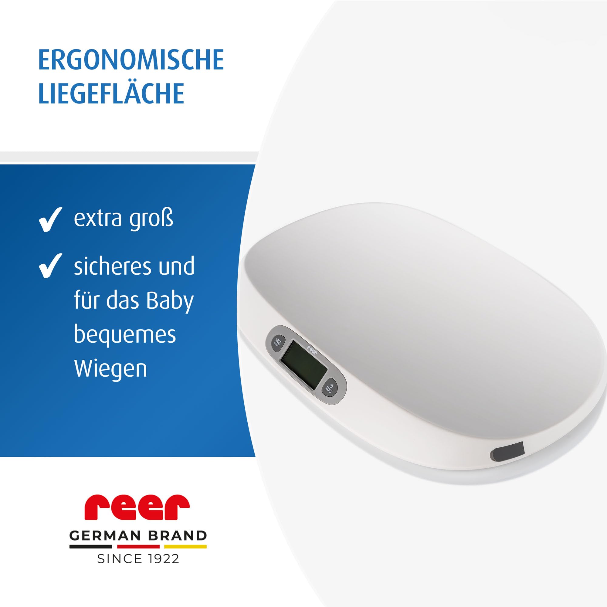 reer BabyCare Babywaage | Ergonomische Wiegeschale für Neugeborene/Babys | 25kg Maximalgewicht | Integriertes Maßband, HOLD- und Tarierfunktion | Beleuchtetes LCD-Display | Präzision von 5g