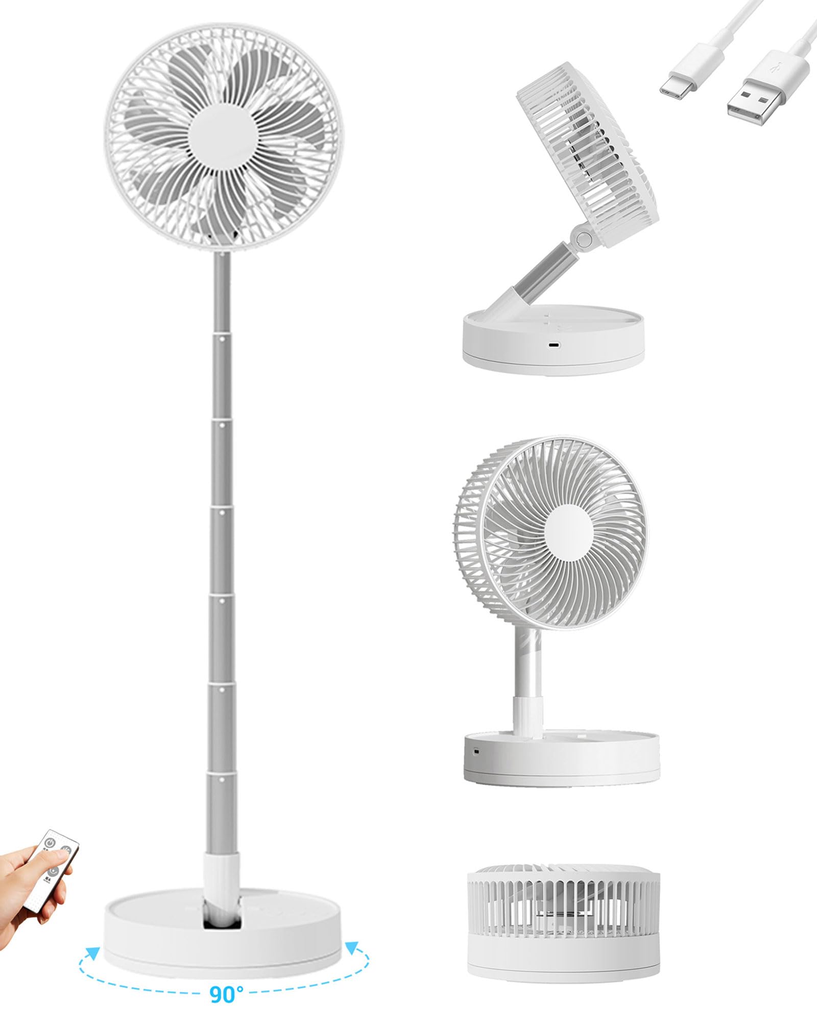 KASYDoFF Portable Fan, 5400mAh-78CM Oscillation Pedestal Standing Fan with Remote Control, Foldable Floor Fan with 4 Speed, USB Rechargeable Battery Mini Cooling Fans for Bedroom, Home and Outdoor