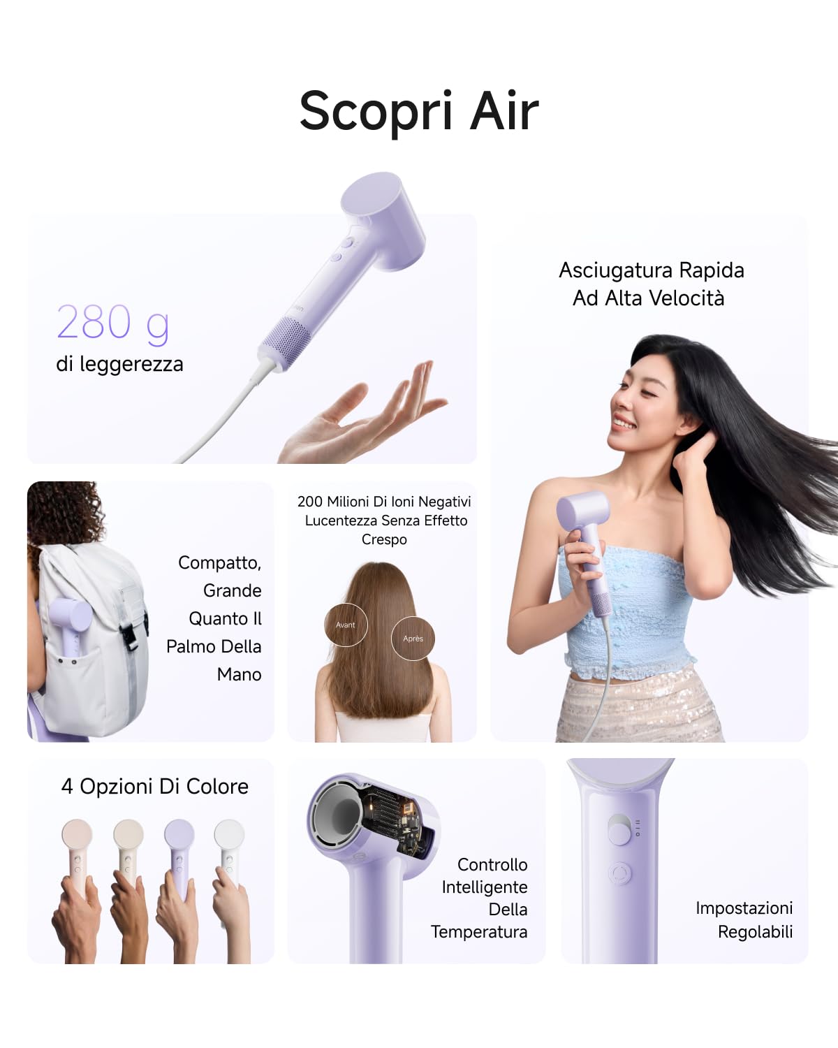 Laifen Air Asciugacapelli ad Alta Velocità con Borsa Porta Asciugacapelli in Stoffa, Phon Capelli con 200 Milioni Ioni Negativi, 110.000 Giri/min, 2 Velocità & 5 Temperature, 280g(Viola)