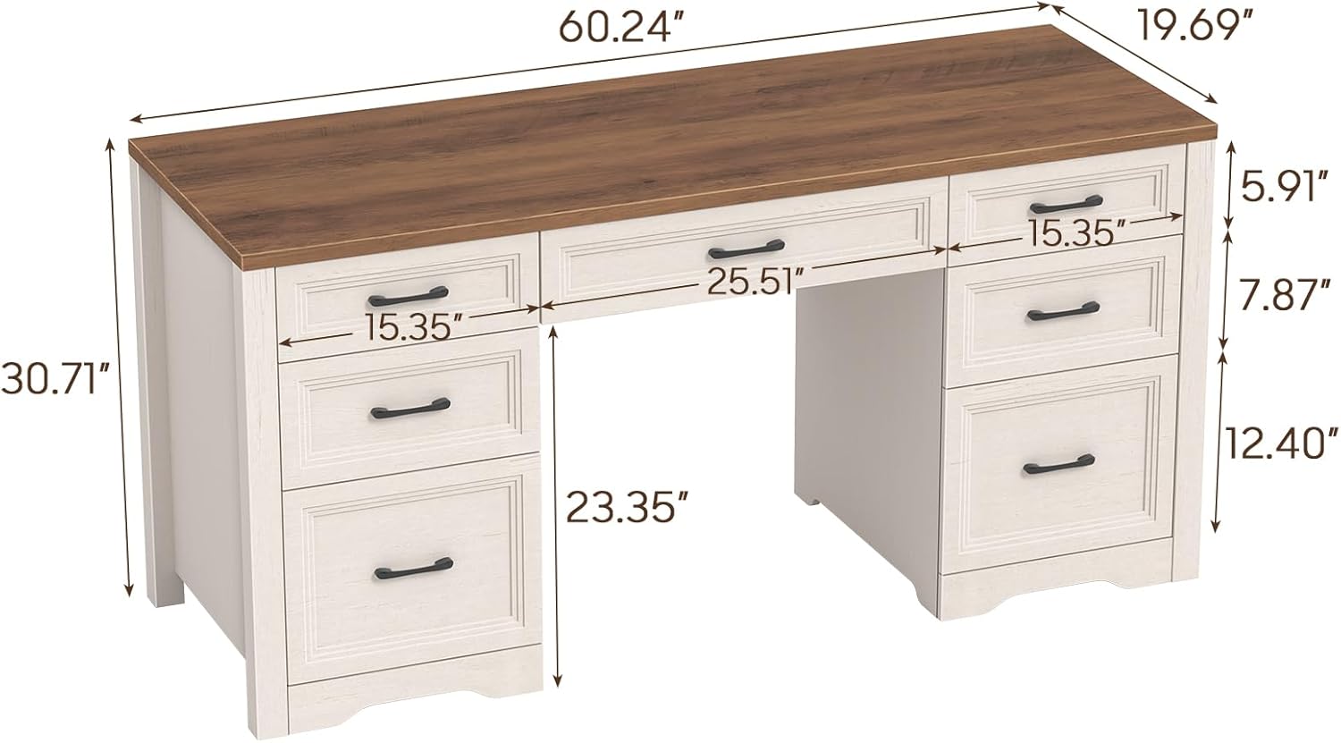 Farmhouse Executive Desk, Wood Home Office Desk with 2 Large File Drawers and 5 Storage Cabinets, Rustic Writing Desk for Work and Study, Brown