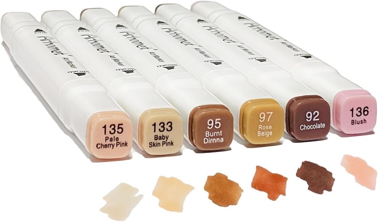 Arhomet 6 Colors Skin Tone Alcohol Markers Set, Skin, Wood, Earth Colors Dual Tips Art Markers Drawing Sketched Double Tipped for Adults Beginner Artists (Skin Tone)