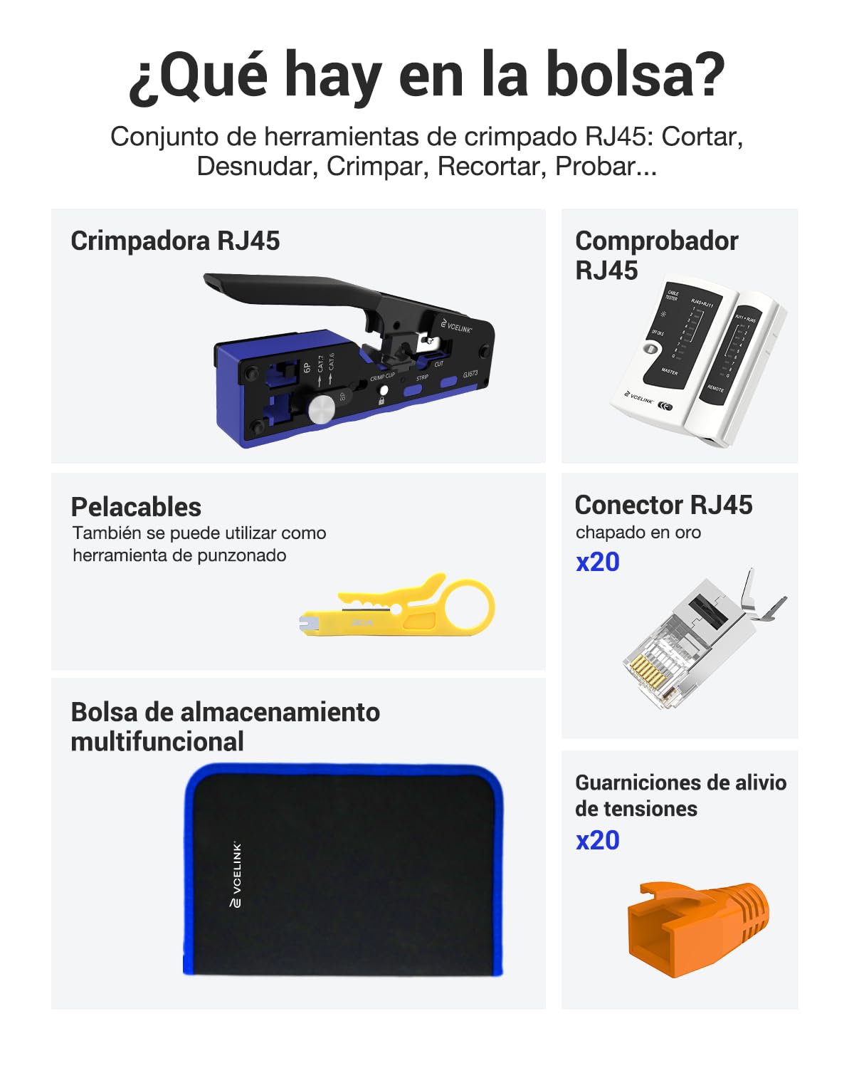 VCELINK Kit de Crimpadora RJ45 Profesional Compatible con CAT7/CAT6A/CAT6/CAT5E/CAT5, Conjunto de Herramientas de Red Incluye Comprobador RJ45, Pelacables, 20 x Conectores RJ45, Bolso de Tela