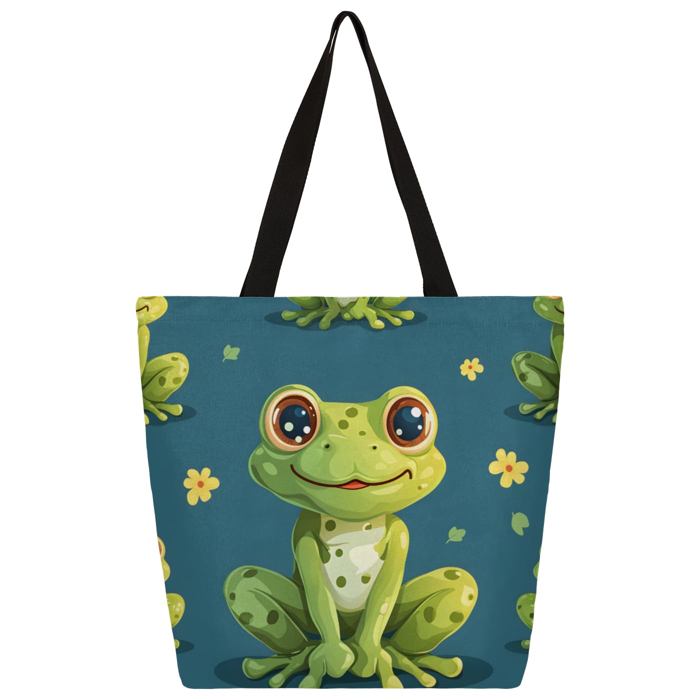 Mularoka Cute Frog Flower Large Capacity Canvas Tote Bag Stylish Handheld Shoulder Bag Reusable Shopping Bag for Work Travel Beach Trips Shopping