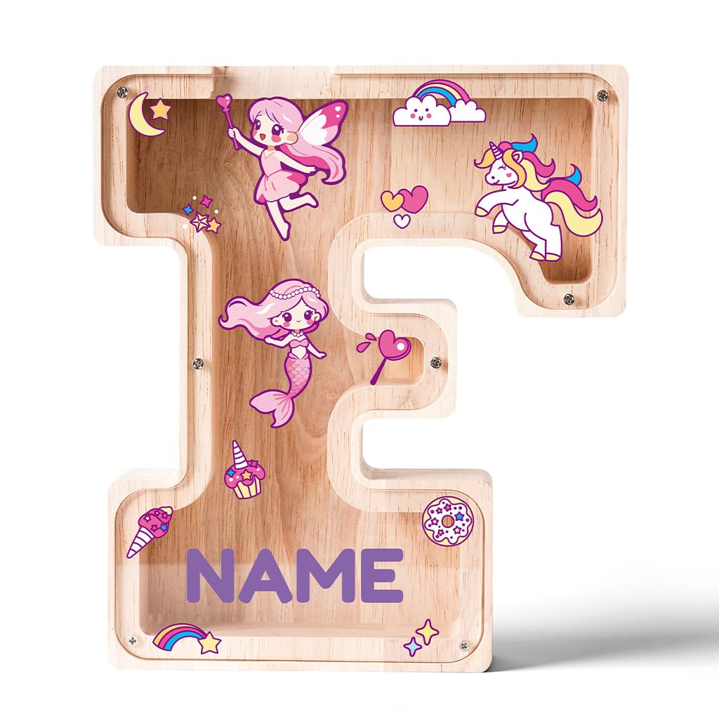 Personalized Wooden Letter Piggy Bank for Kids | Custom Name Alphabet Coin Bank A–Z | Money Saving Box for Boys and Girls | Birthday Gift for Children (F)