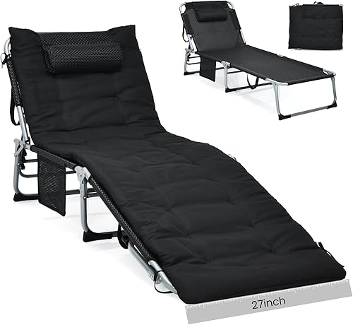 GYMAX Cuna de campamento, silla de descanso de 27 pulgadas para exteriores con colchón, reposacabezas, bolsillo lateral y correa de transporte,