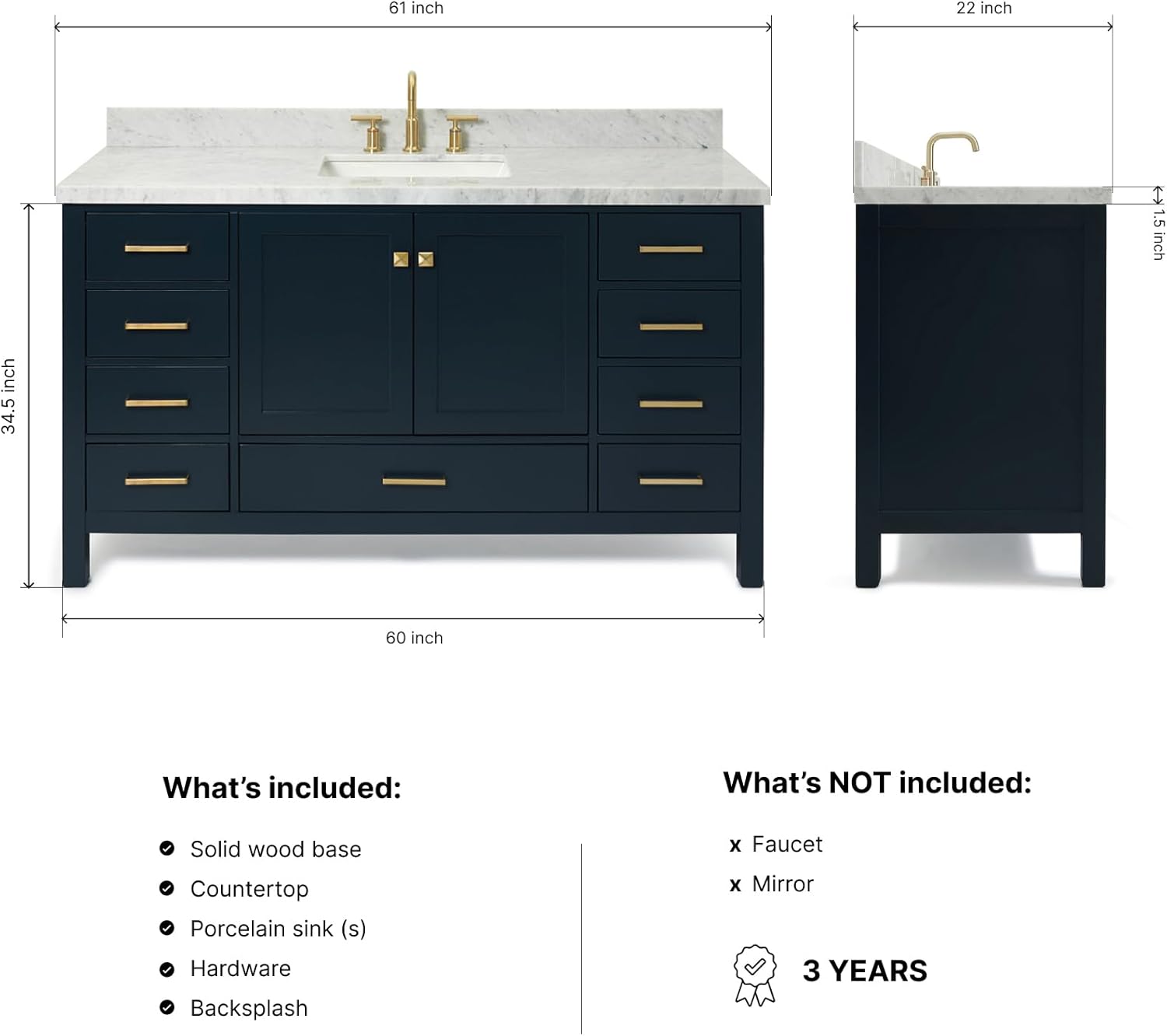 ARIEL Cambridge 60-inch Bathroom Vanity with Sink,Solid Wood, 1.5-inch Italian Carrara Marble Countertop, Single Rectangular Porcelain Sink, 2 Soft Closing Doors, 9 Dovetail Drawers, Midnight Blue