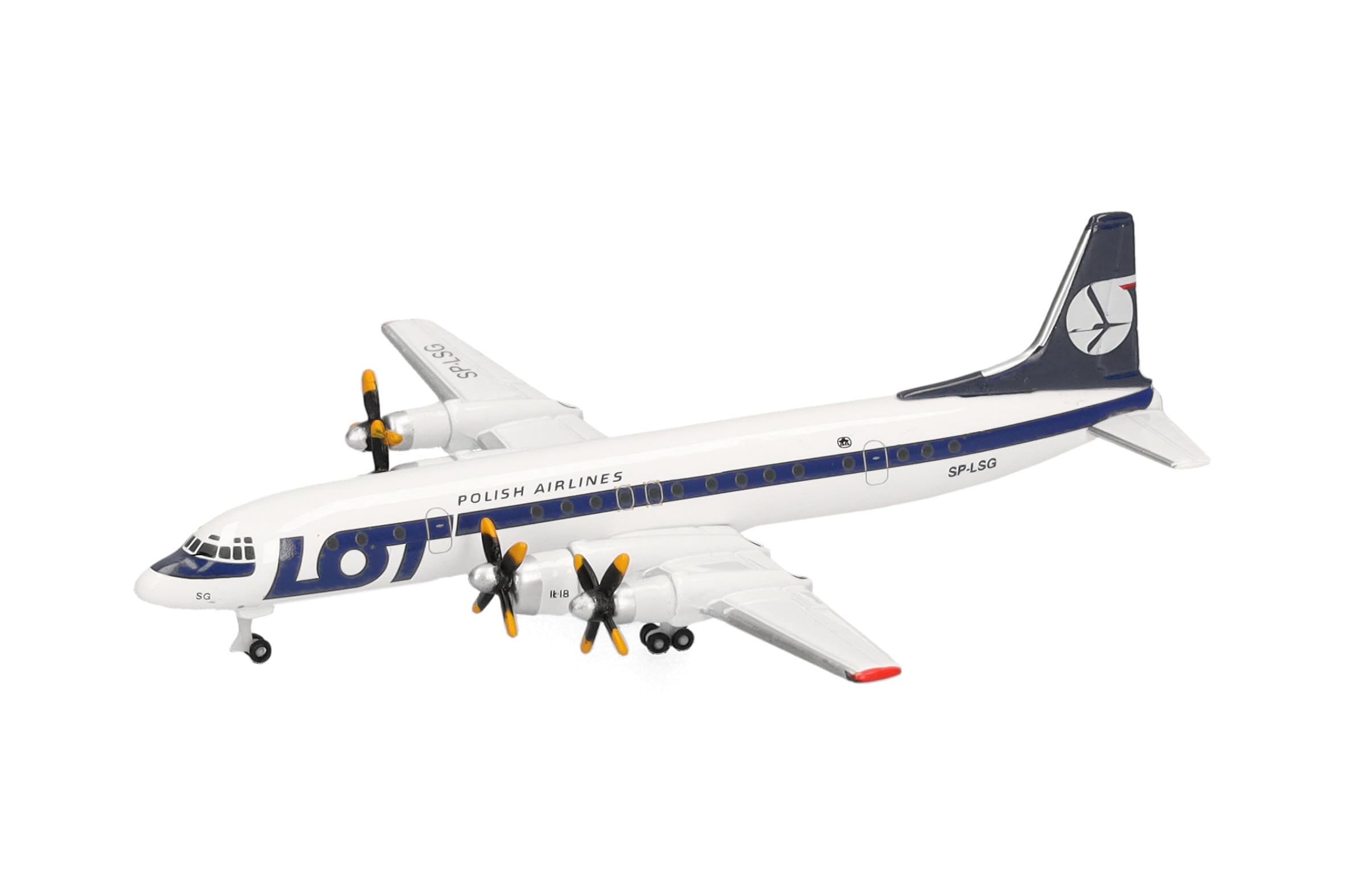 Herpa model samolotu LOT Polish Airlines Ilyushin IL-18 (późne barwy), miniatura w skali 1:500, model kolekcjonerski, model samolotu bez podstawki, metal