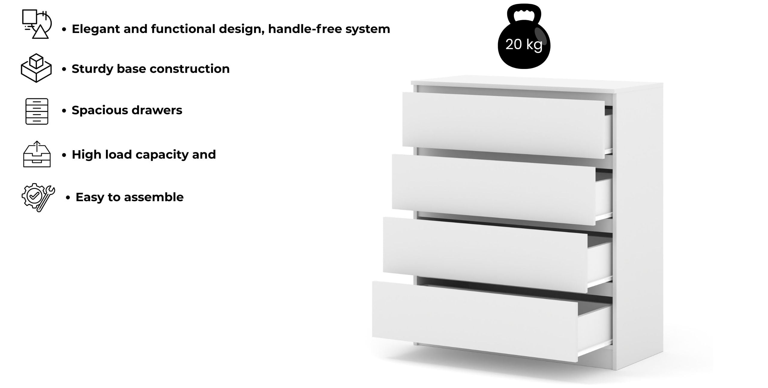Homlando Cassettiera senza maniglie, cassettiera con 4 cassetti, stabile soggiorno, camera da letto o ufficio, Maia, 40 x 90 x 104 cm, bianco opaco