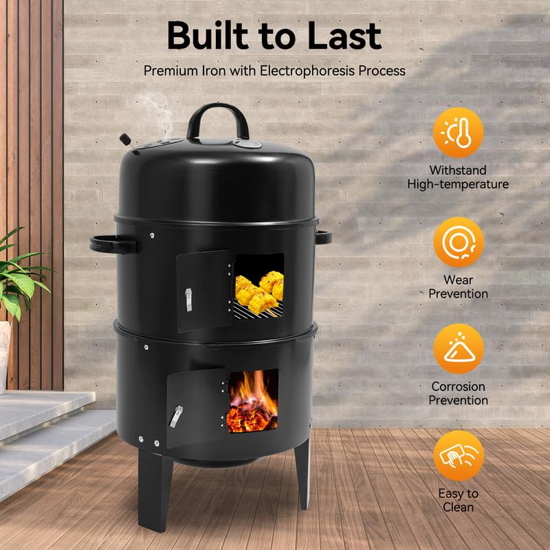 Pojemnik wędzarniczy 3 w 1, Ø 40 cm, grill na węgiel drzewny z termometrem i pokrywką, 2 poziomy, piec wędzarniczy do grillowania, wędzenia, duszenia