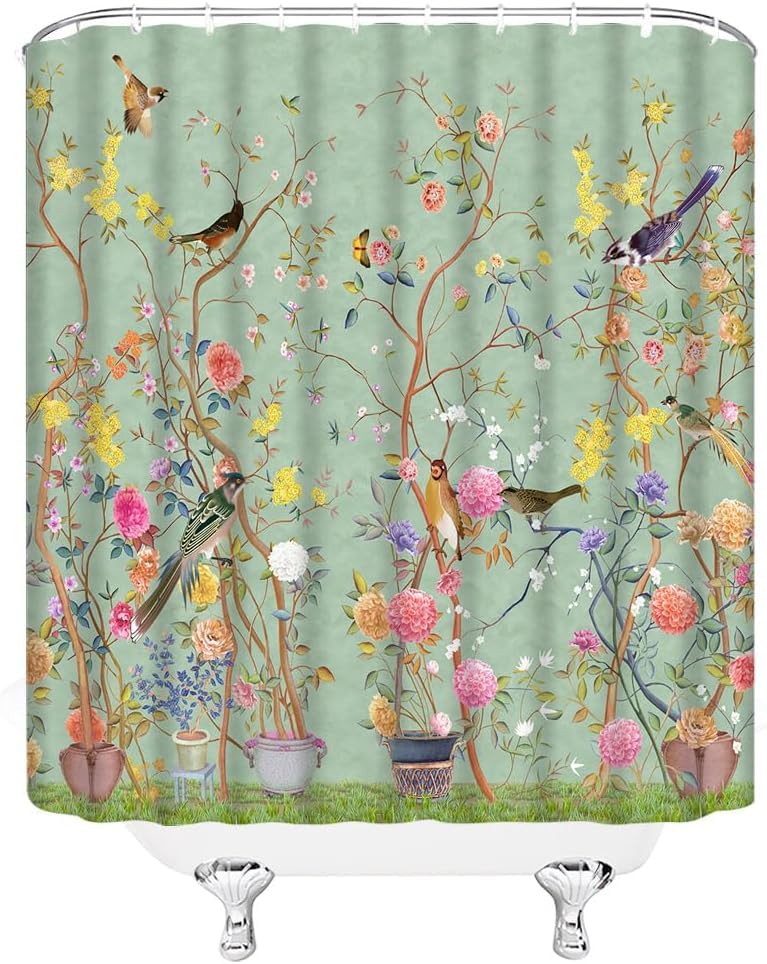 xinbai Flower Bird Shower Curtain, Washable 3D Printing Botanical Bath Curtains with Retro Flower Picture