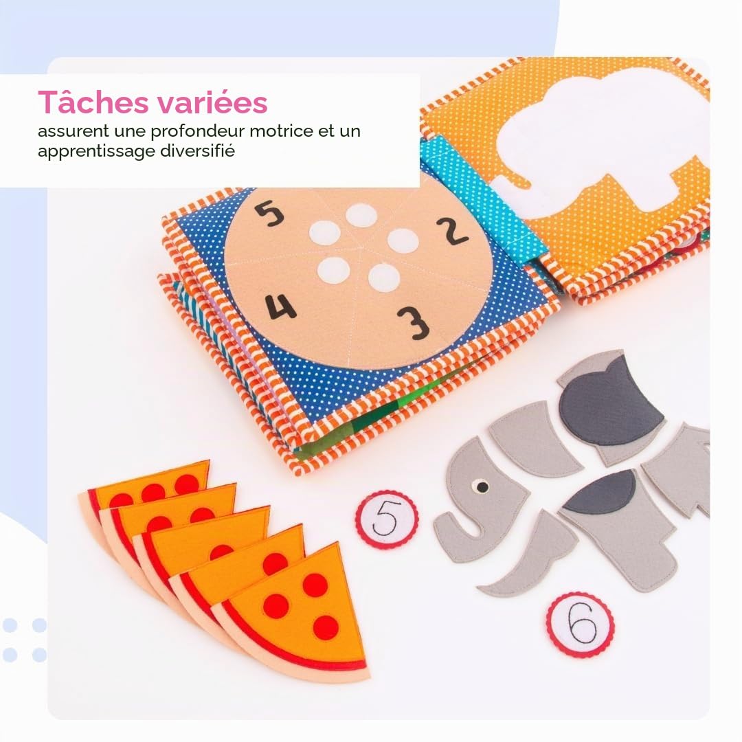 Jolly Designs 1, 2, 3 - 10 pages Premium - Quiet Book - Jouet Montessori à partir de 3 ans - Favorise la motricité et les capteurs - Livre de feutre fait à la main - Jouet éducatif pour les