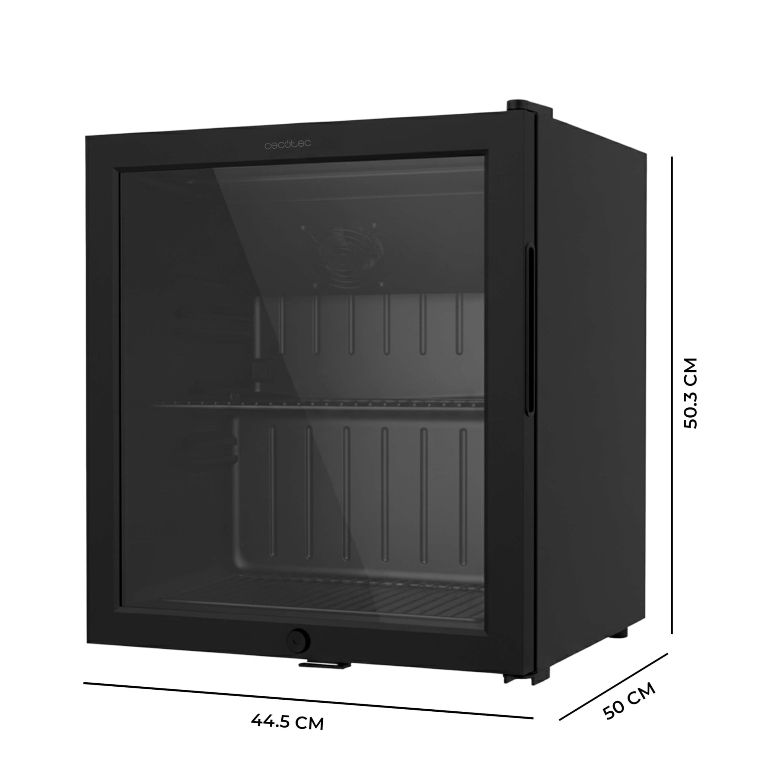 Cecotec Mini-Kühlschrank mit Glastür Bolero CoolMarket BC 52. Schwarz, 52 Liter Fassungsvermögen, 44,5 cm Breite, 50,3 cm Höhe, LED-Innenbeleuchtung, Temperatur 0 °C bis 10 °C