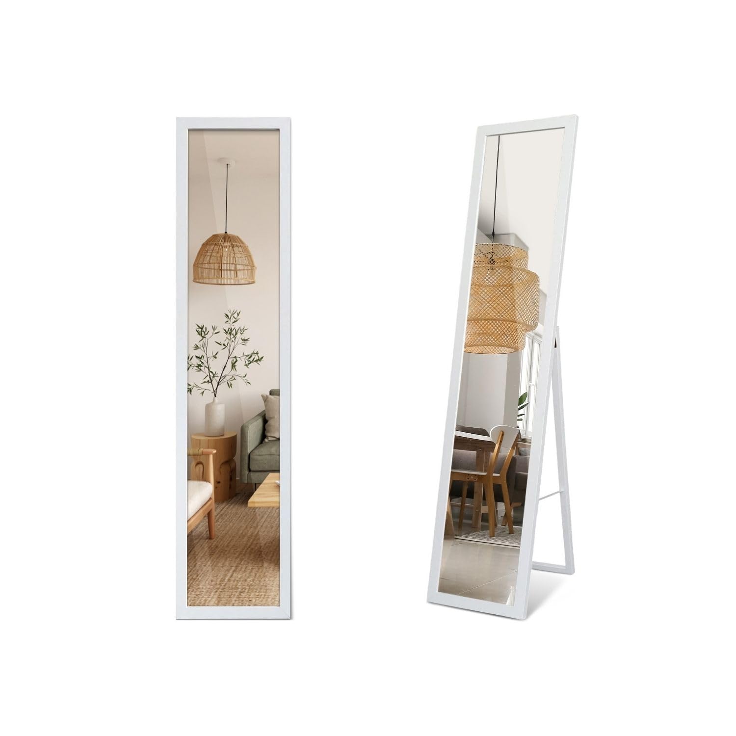 Miroir Pleine Longueur 36x156 cm sur Pied Blanc Cadre en Bois d'ingénierie pour Salon, Chambre à Coucher, Couloir, Cuisine Forme Rectangulaire Moderne Autoportant avec Support Vertical