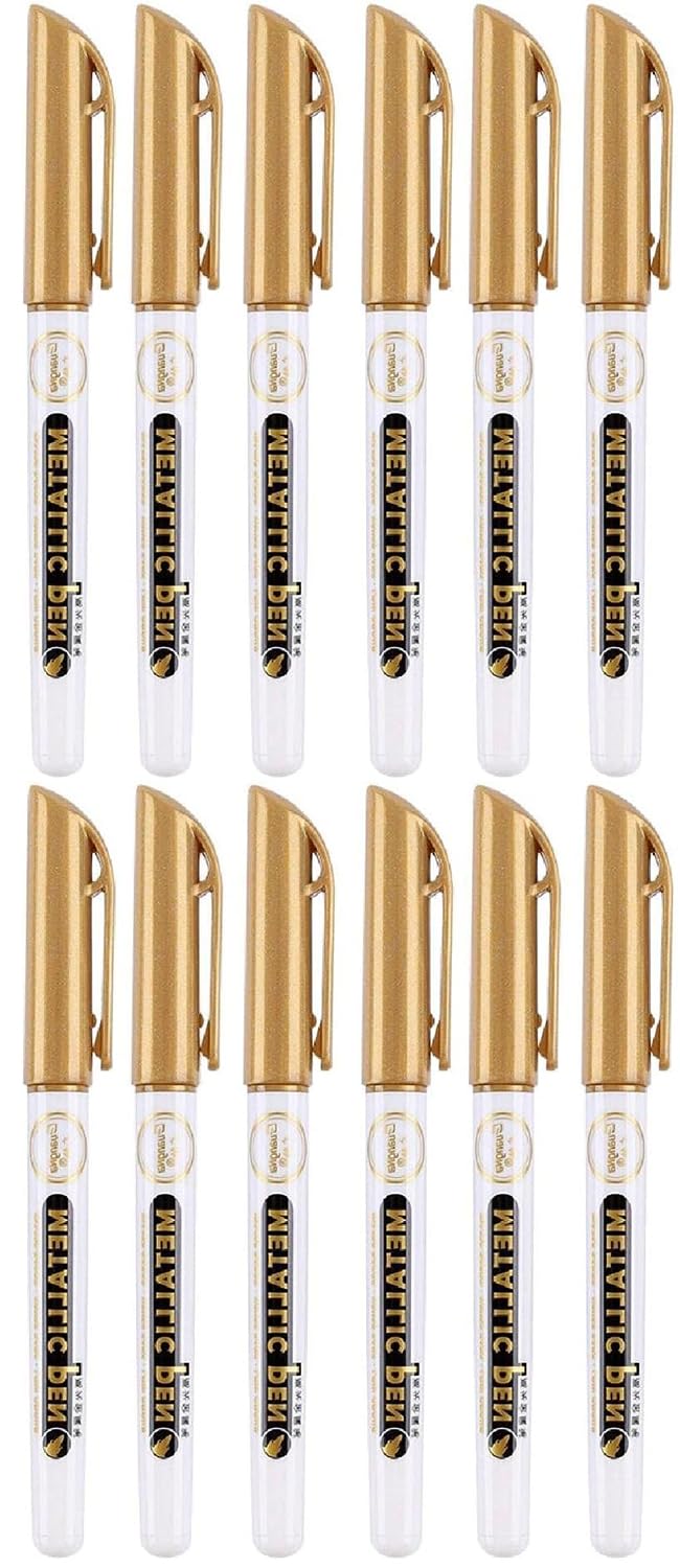 ALLNEWELOOKMetallic Permanent Acrylic Markers Set, 12 Pcs Paint Pen with 0.7mm Fine Tip, Waterproof & Perfect for DIY Craft Painting (Acrylic Markers Gold 12 Pcs)