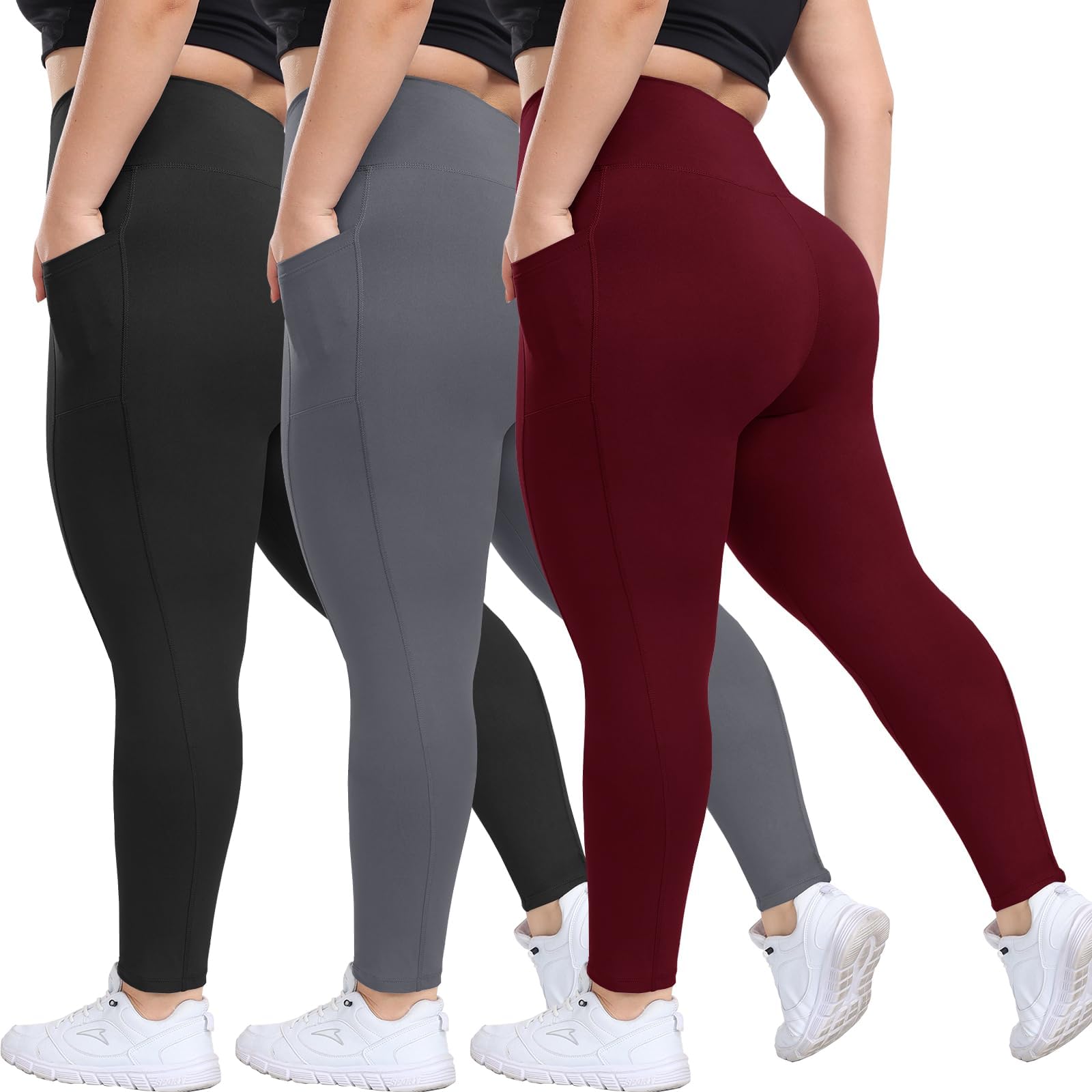 HLTPRO 3 Pack Plus Size Leggings with Pockets for Women - Black High Waisted Tummy Control Soft Yoga Pants for Gym Workout