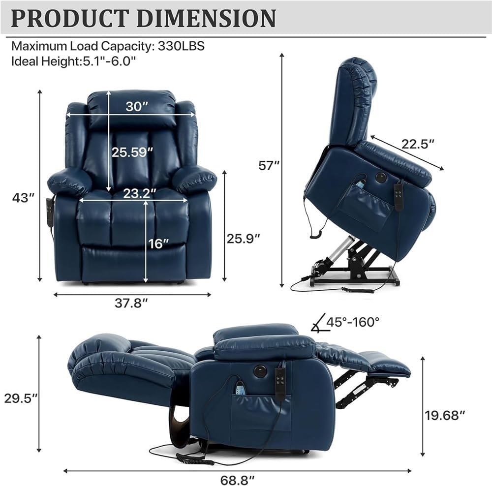 Large Power Lift Recliner Chair for Seniors Dual Motor Infinite Position Adjustable Electric Lounge Massage Heating Breathable Leather Comfortable Dark Blue Living Room Chair