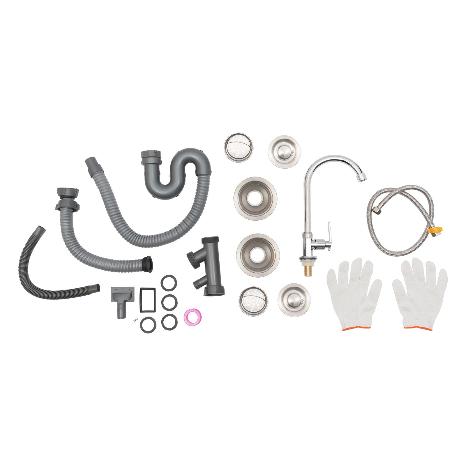 Lavandino in Acciaio Inox Professionale 2 Vasca,Lavelli da Cucina in Acciaio Inox autoportante con Rubinetto e Banco Da Lavoro Lavabo Commerciale con Rubinetto Per Interni Esterni