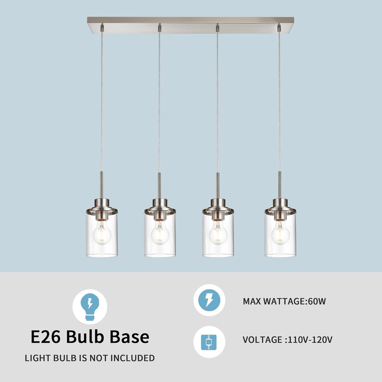 4 Light Kitchen Island Lighting, Brushed Nickel Dining Room Light Fixture with Clear Glass Shade,Modern Adjustable Height Industrial Hanging Pendant Lights for Kitchen Island High Ceiling Staircase