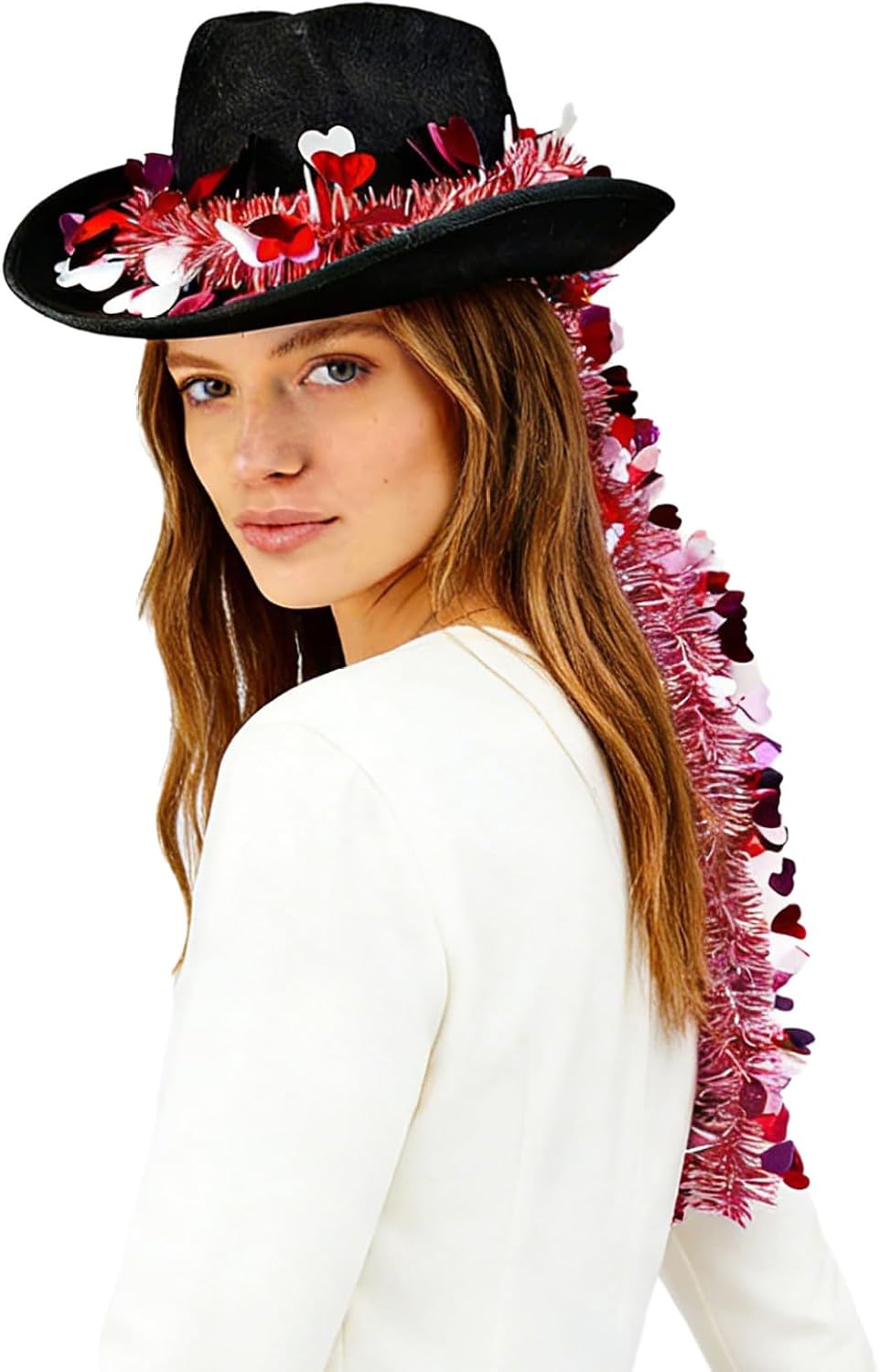 Women's Western Cowboy Hat Wide Brim Cowgirl Hat with Valentine Heart Tinsel Garland Tassel