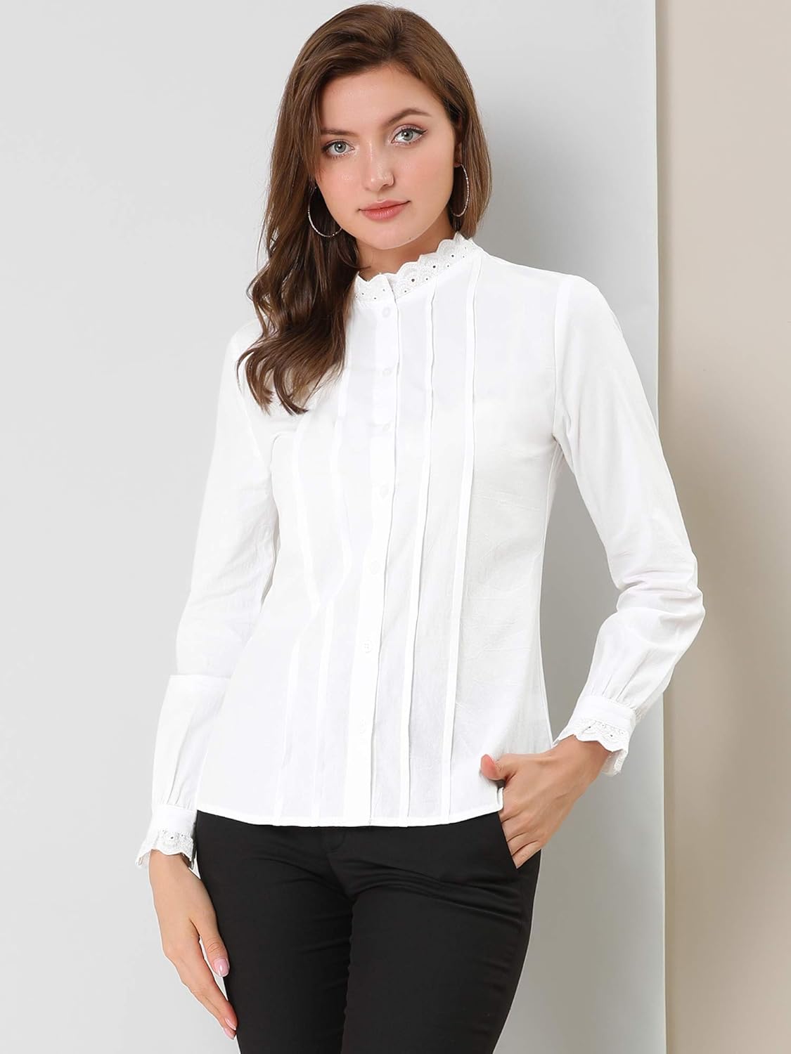 Allegra K Women's Mock Neck Blouse Ruffle Work Office Cotton Pleated Button Up Shirt - Image 3
