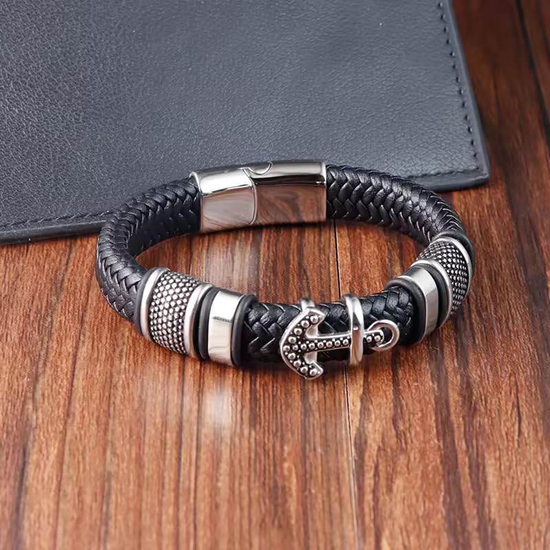 Image of THE MEN THING Leather Bracelet for Men - American Style Genuine Leather Multi-Layer Braided Bracelet with 100% Stainless Steel Magnetic Buckle for Men & Boys (8 inch)