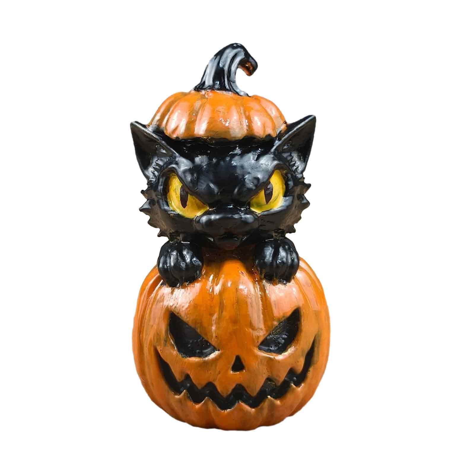 ZhzeYun Halloween Black Cat Pumpkin Ornament, Resin Cat Figurine Decor