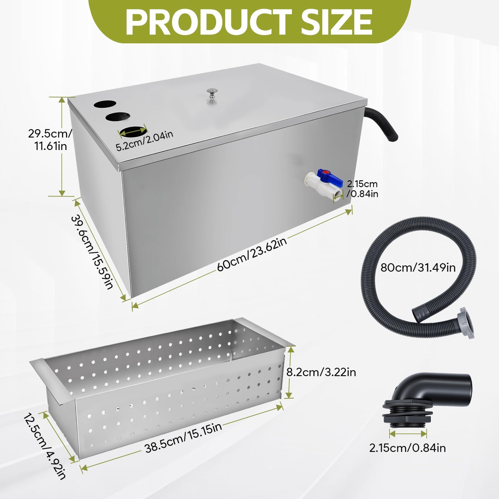 Piège à graisse commercial en acier inoxydable 72L avec 3 entrées supérieures pour maison, restaurant, cantine, évier de cuisine, avec déflecteurs amovibles 60 x 40 x 30 cm