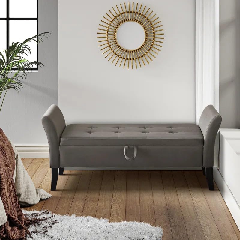 Image of 2 Seater Storage Ottoman Bench with Armrests | Upholstered Tufted Sofa Bench with Hidden Storage | Bedroom Living Room Entryway Seating | Modern End of Bed Bench Footrest Lounge Seat | Grey