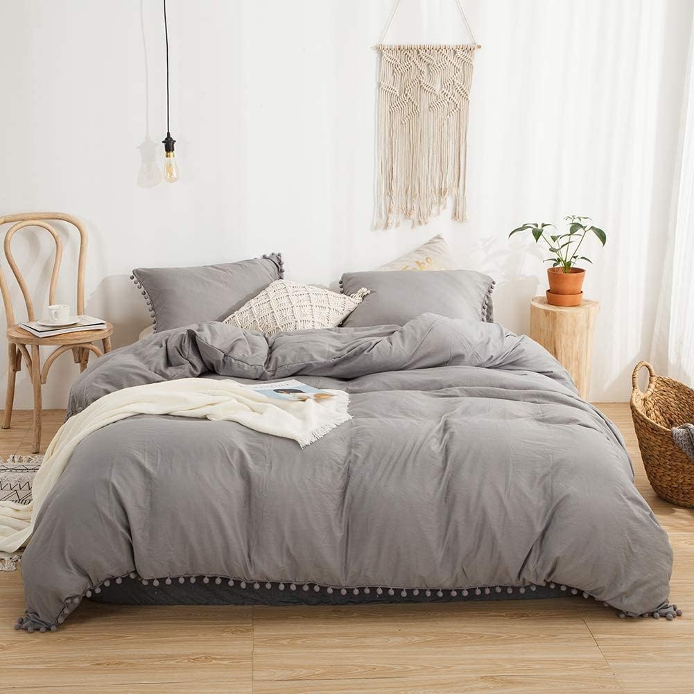 Gray Duvet Cover Set 2 Pieces Light Gray Pom Poms Bedding Set Soft Washed Microfiber Solid Color Boho Chic Preppy Bedding Set 1 Duvet Cover 1 Pillowcase (Twin, Light Grey)