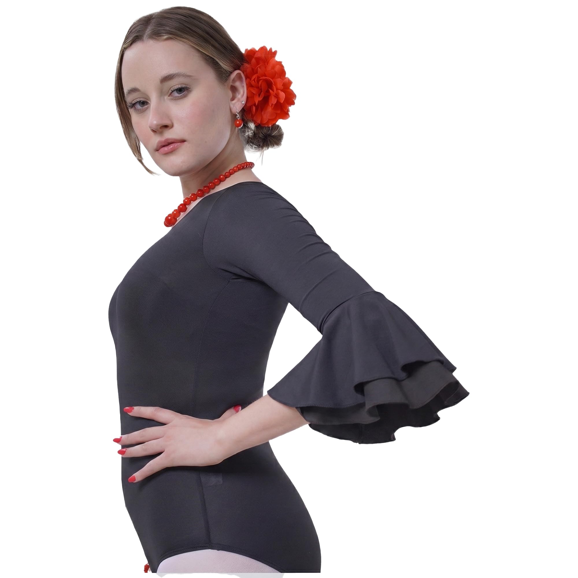 Carnavalife Body flamenco mujer negro maillot danza manga larga con volante, leotardo gimnasia ballet sevillanas, escote redondo, ribete rojo — view 6