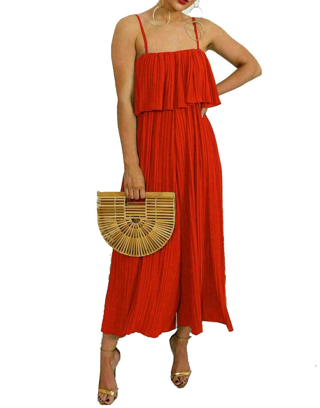 Fairy Trendz Ltd Women's Red Plain Crinkle Pleated Playsuit Dress Printed Frill Strappy Chiffon Jumpsuit ( Uk 20)