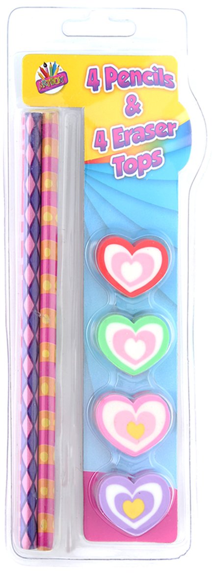 THE ART BOX4 Pencils and 4 Fancy Eraser TOP Heart OR Smiley FACE Design
