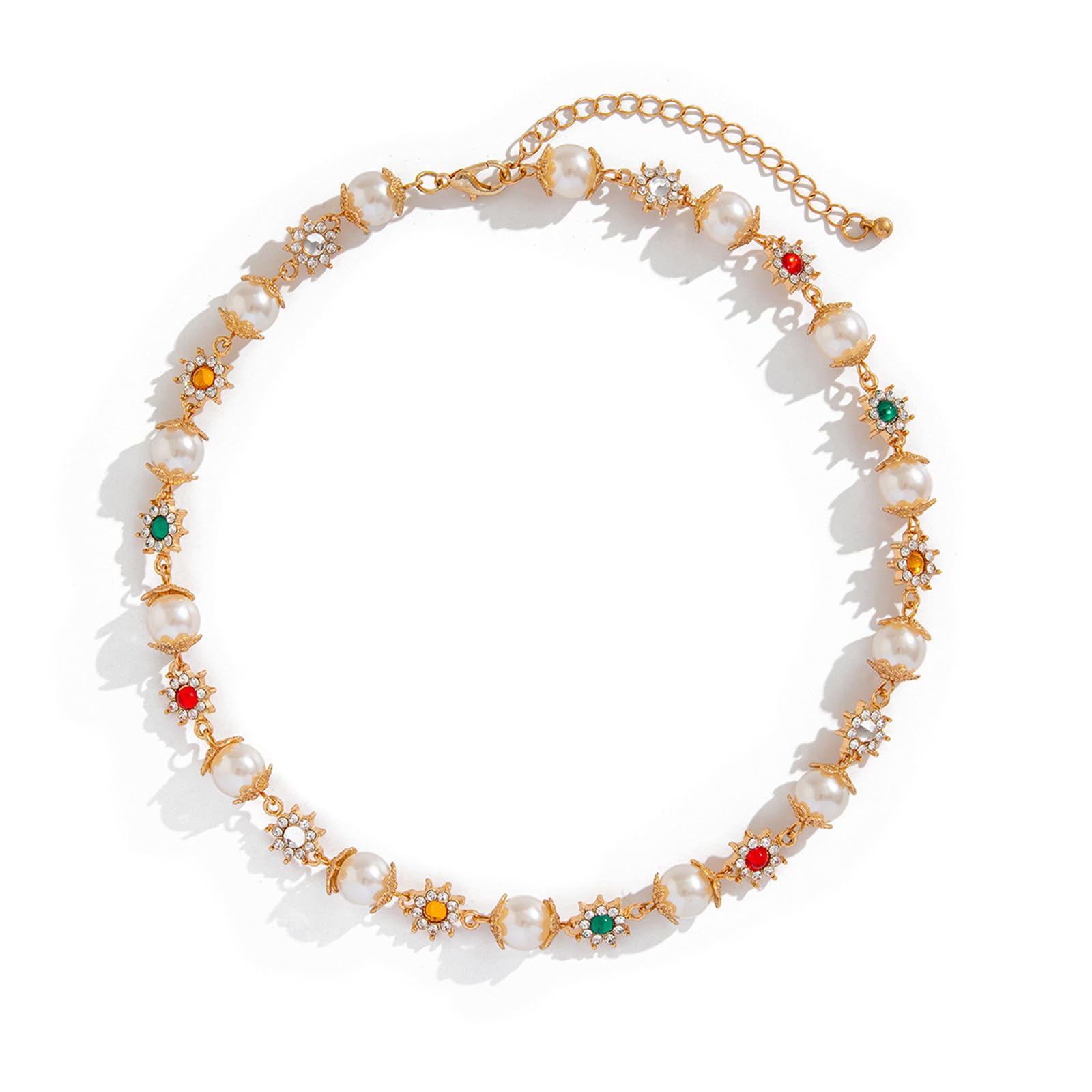 Colorful Daisy Pearl Choker Necklace - Rainbow Rhinestone Flower Faux Pearl Choker Layered Heart Choker Cross Pendant Statement Necklaces Elegant Old