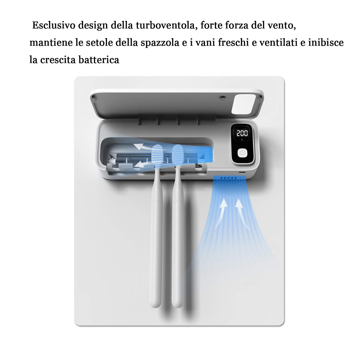 Sterilizzatore UV Per Spazzolini - Da Parete, Ricaricabile USB, Per 5 Spazzolini, Con Display - Foto 9