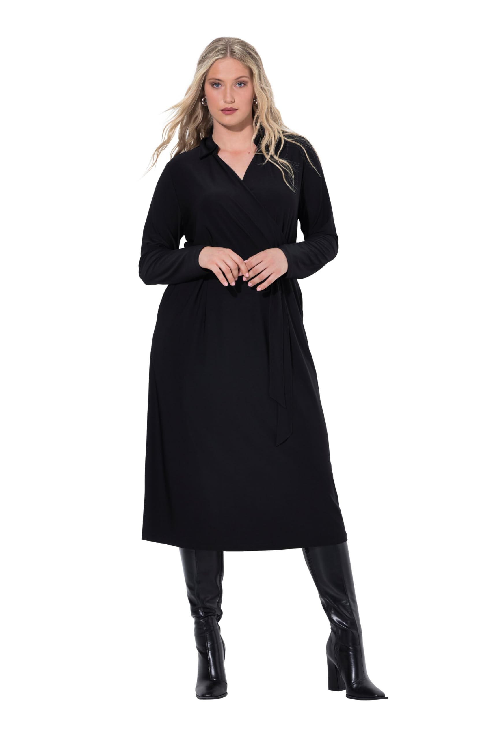 Ulla Popken Damen große Größen Übergrößen Plus Size Midikleid, Wickeloptik, Hemdkragen, Langarm 844798