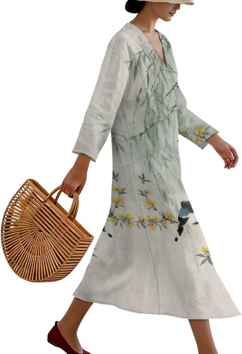 Women's Linen Style Dresses V Neck Maxi Dresses 3/4 Sleeve Dress Spring Summer Sundress