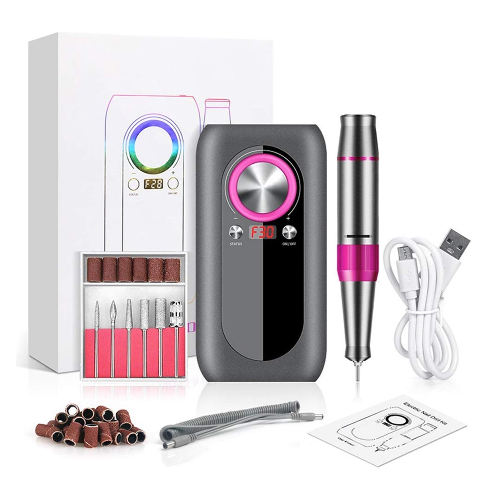 Lima Unghie Elettrico, Ricaricabile 35000 RPM Nail Drill Rig Display LCD HD, Nail Master Nail Art, Fresatrice portatile for trapano for unghie, Kit testa di molatura(Szary)