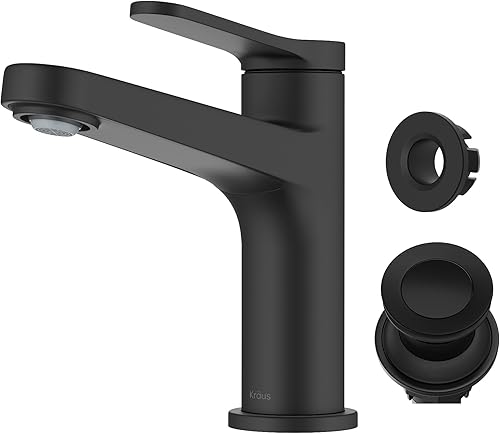 KRAUS Indy - Grifo de baño en negro mate con mango único, drenaje emergente y líneas de suministro, KBF-1411MB