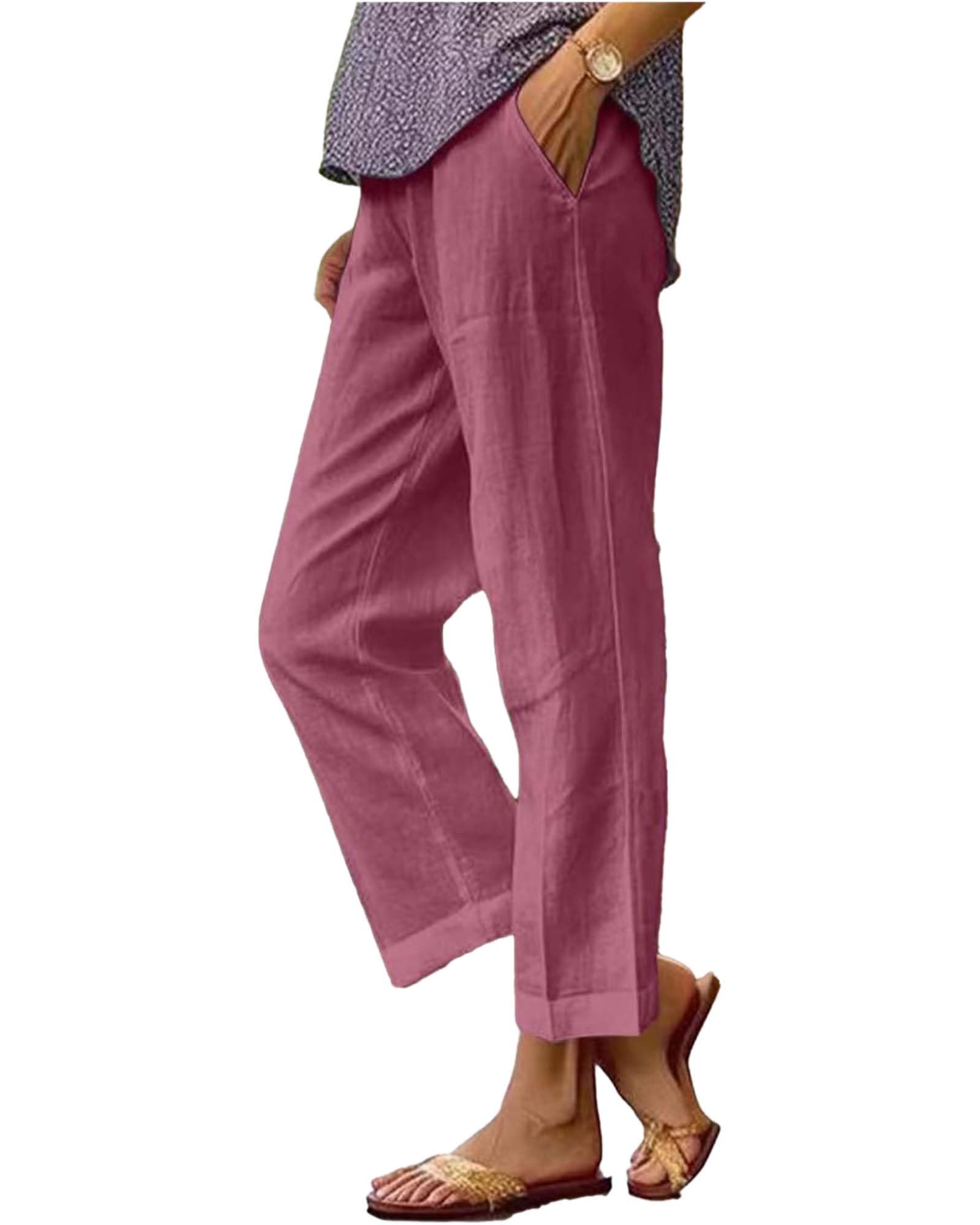 Cotton Linen Pants for Women Summer Casual Straight Leg Capri Pants Elastic Waist Beach Trouser with Pockets