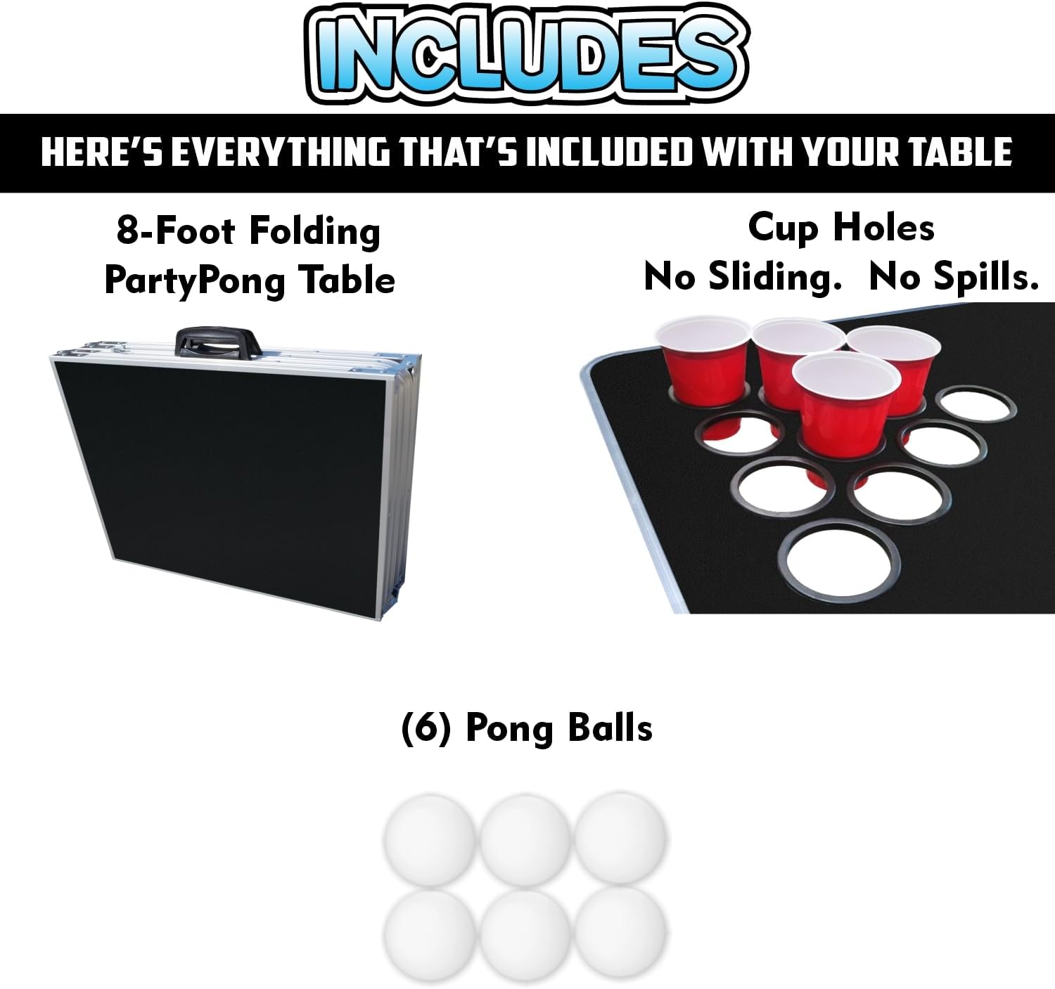 PartyPong 8-Foot Folding Beer Pong Table w/Cup Holes - Stealth Edition