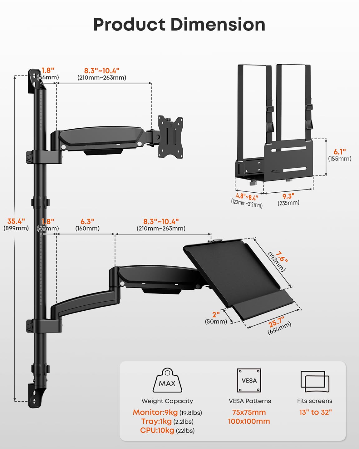 Soporte de pared para estación de trabajo con soporte para monitor individual, bandeja para teclado y soporte para CPU, altura ajustable y brazos totalmente articulados para pantallas de 17-32