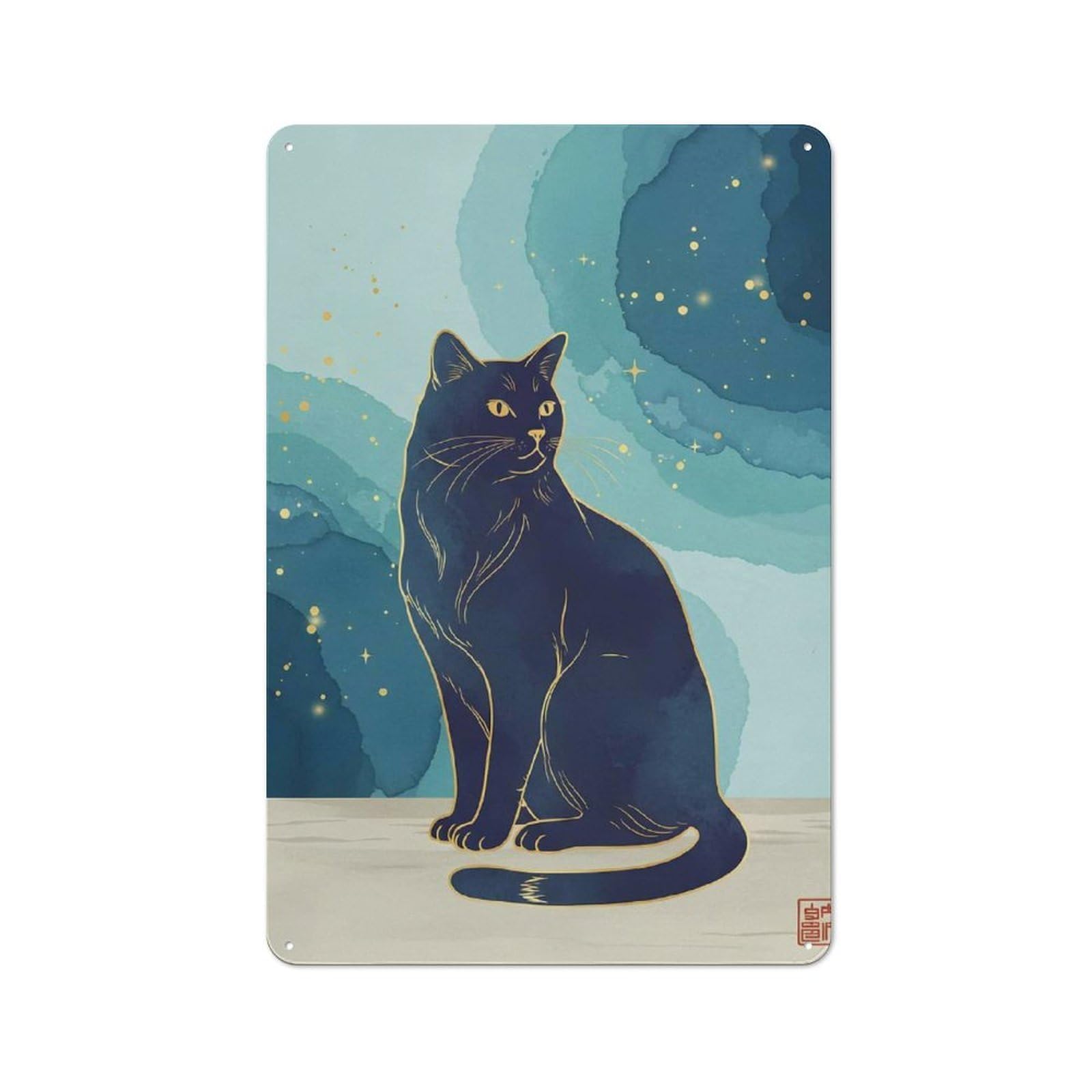 Elegant Black Cat Illustration with Gold Accents Retro Metal Sign 30x20cm for Garden Room Or Summerhouse, A Decorative Metal Sign for Garden Rooms And Summerhouses